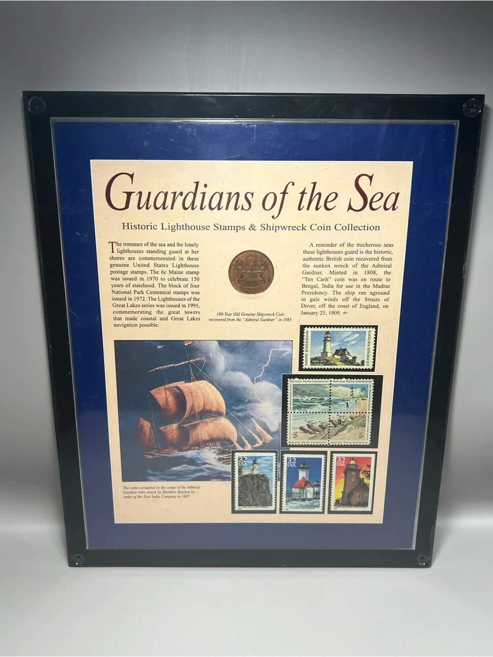 Guardians of the Sea Framed Lighthouse Stamp and Shipwreck Coin Wall Art